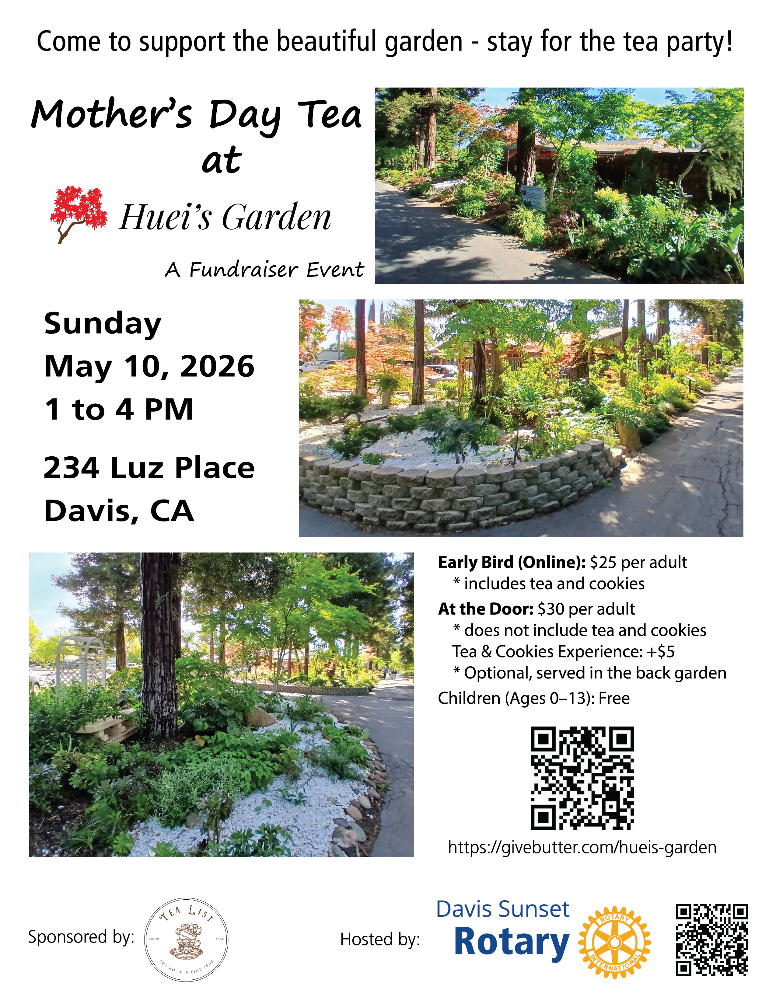 Mother's Day Tea at Huei's Garden fundraiser event on Sunday, May 10, 2026